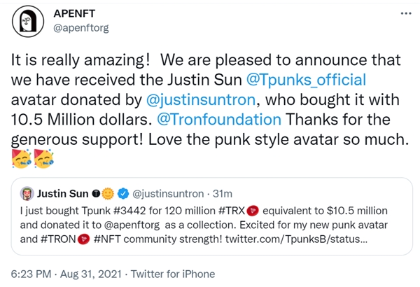 1050万美元天价买下Justin sun Tpunks,孙宇晨又在“憋大招”? 1050万美元天价买下Justin sun Tpunks,孙宇晨又在“憋大招”?
